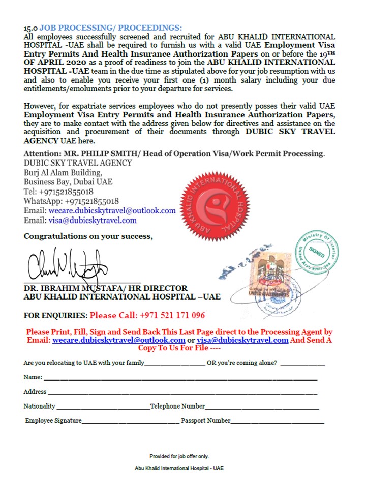 Fraudulent Offer Letter issued by a non-existing - Abu Khalid International Hospital, Dubai, UAE.
